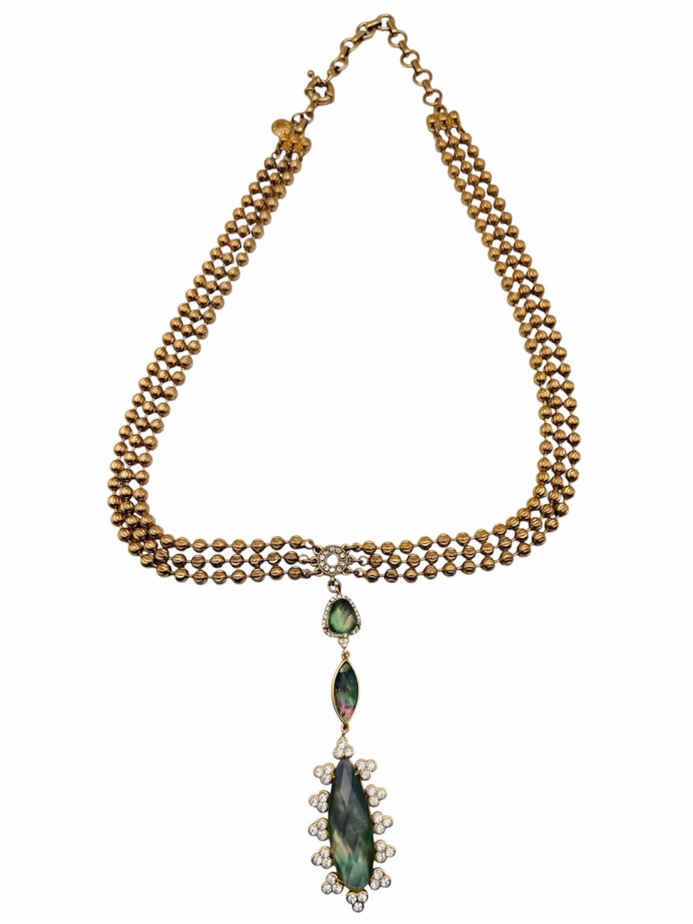 J. Crew Gold-Tone Beaded Necklace with Green Marquise Drop Pendant 16” adjusts